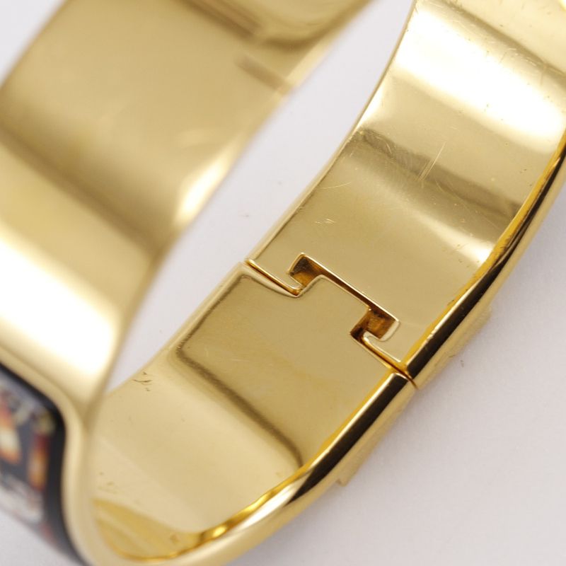 Hermes Roque Emile Cloisonne Horse Pattern Bangle Gold Plated Black Ladies