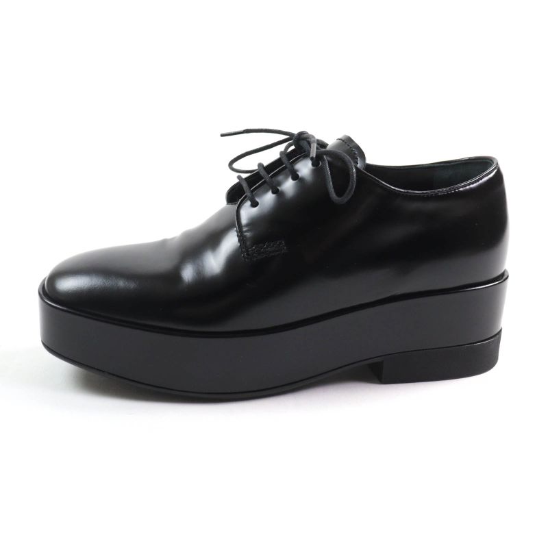 Prada Back Logo Platform Lace Up Leather Shoes Black 35.5 With Box And Storage