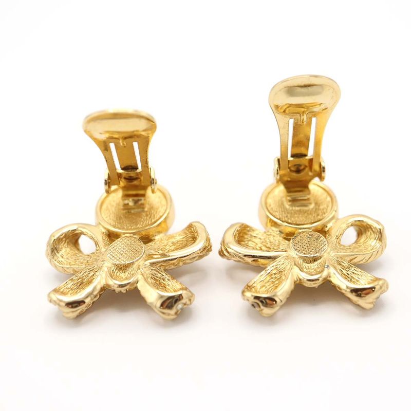 Christian DIOR Earrings Ribbon Faux Pearl Gold Color Accessories Women H1745