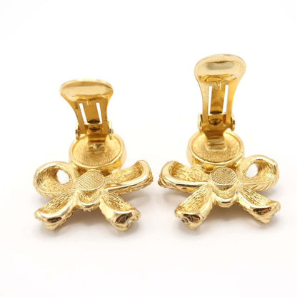 Christian DIOR Earrings Ribbon Faux Pearl Gold Color Accessories Women H1745