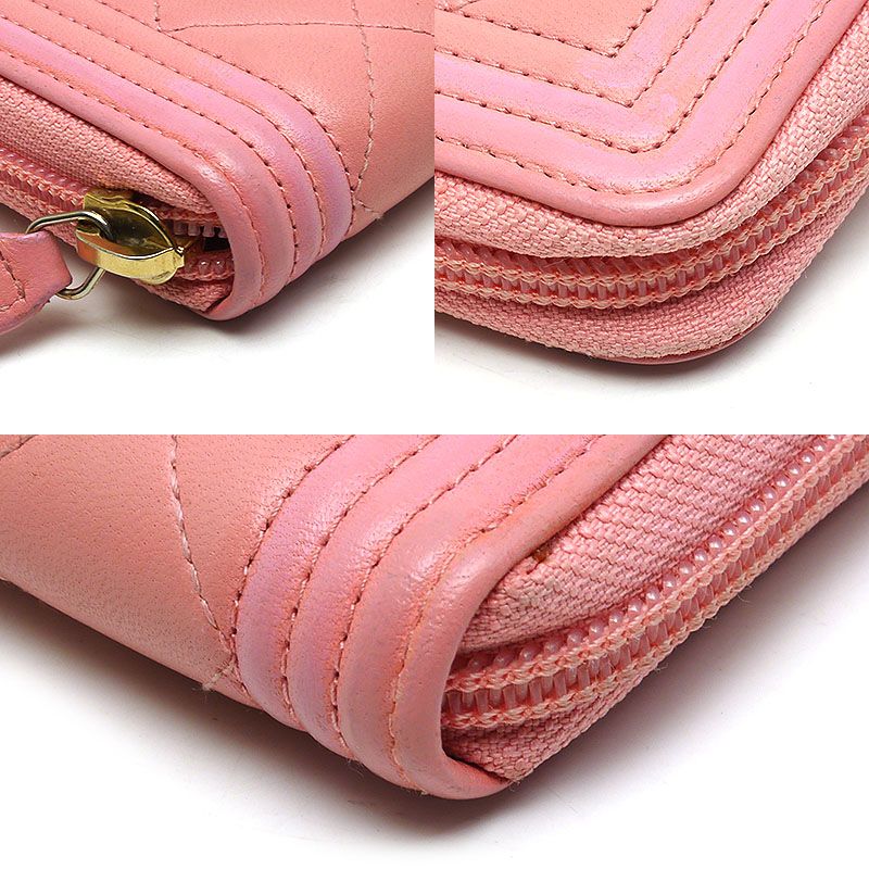 Chanel Round Zip Long Wallet Boy Chanel Coco Mark Pink Authenticity With Box