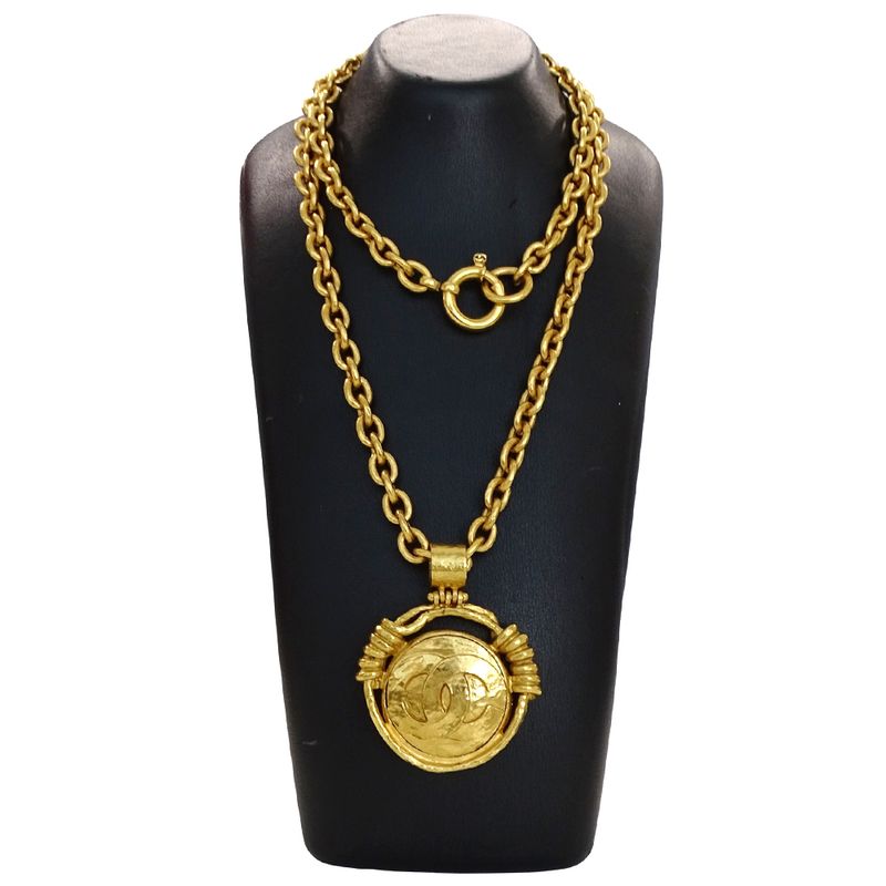 Chanel Necklace Women's Men's Brand Coco Mark Metal GP Gold Round Large Vintage