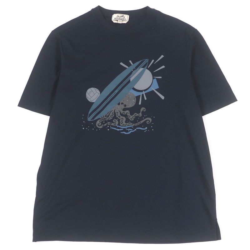 Hermes 23SS Poulp Watch 100% Cotton Crew Neck Cut And Sleeve T-shirt Navy XS