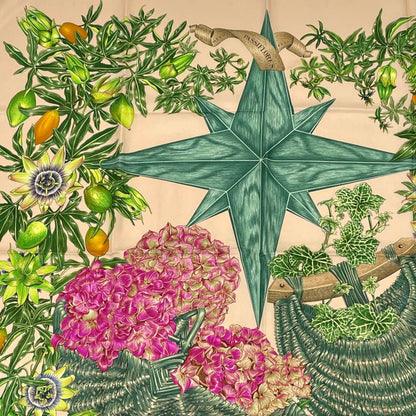 Hermes Carre 90 Passiflores Passion Flower Beige 100% Silk Scarf