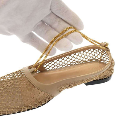 Bottega Veneta Stretch Ballerina Square Toe Mesh Chain Flat Shoes Beige 34 1 2