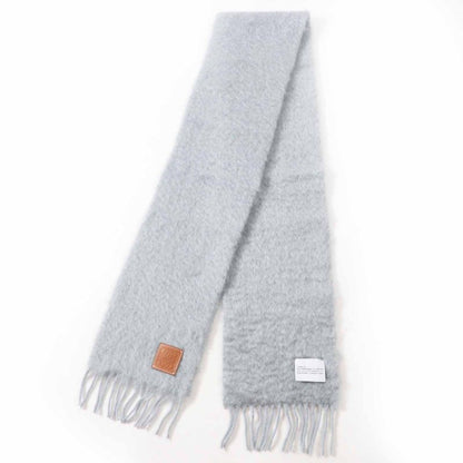 LOEWE Mohair Wool Anagram Leather Patch Fringed Scarf Light Gray Made In Spain