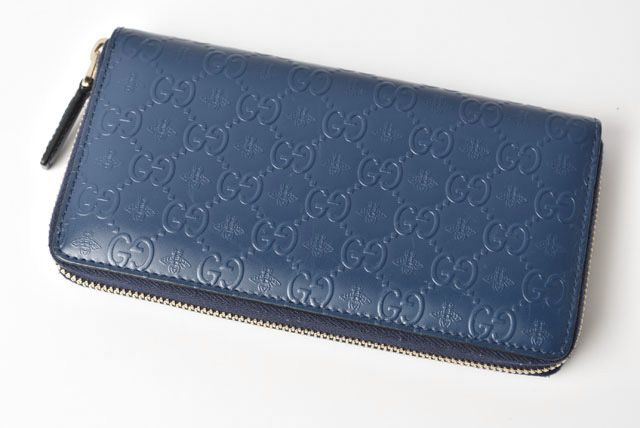 Gucci Wallet Unisex Long Wallet Round Zipper Leather Bee And GG Blue 406609