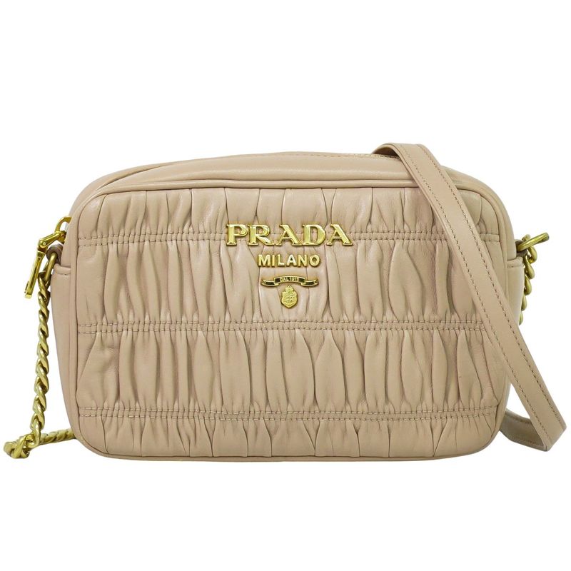 Authentic Prada Nappa Gaufre Chain Shoulder Bag Pochette Leather Pink Beige