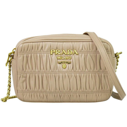 Authentic Prada Nappa Gaufre Chain Shoulder Bag Pochette Leather Pink Beige