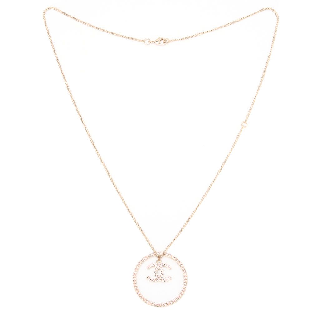 Chanel Coco Mark Circle Rhinestone Necklace GP Gold Pink 06A (gold Plated) Gold