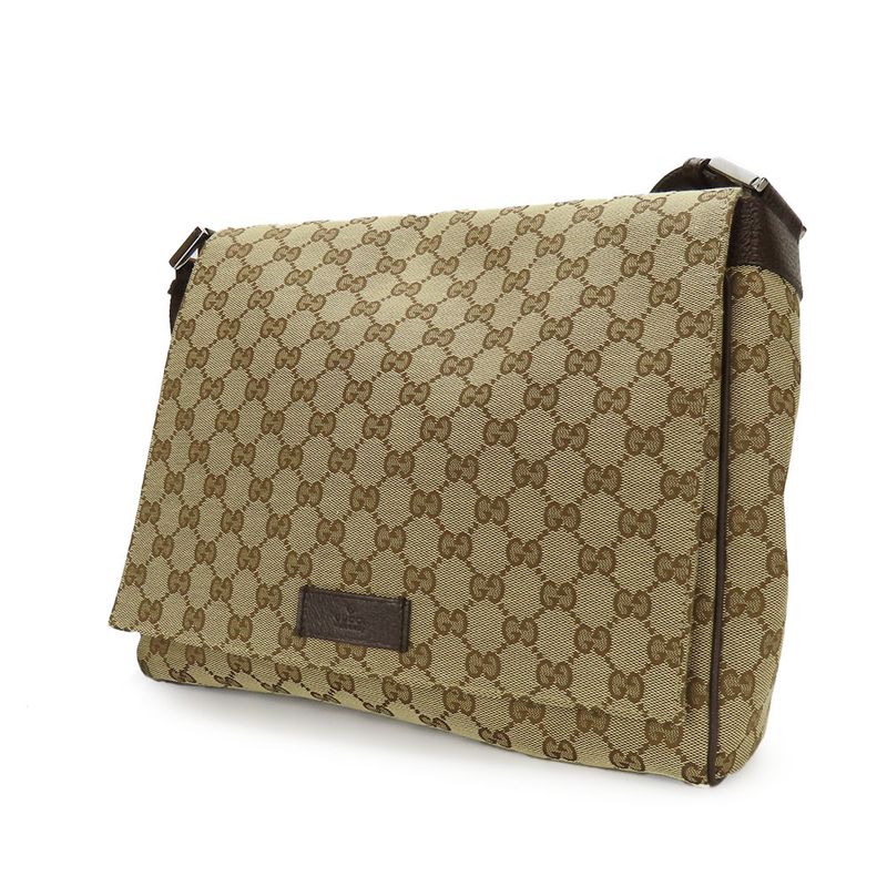 Gucci Shoulder Bag 146236 GG Canvas Leather Beige Brown Silver Hardware