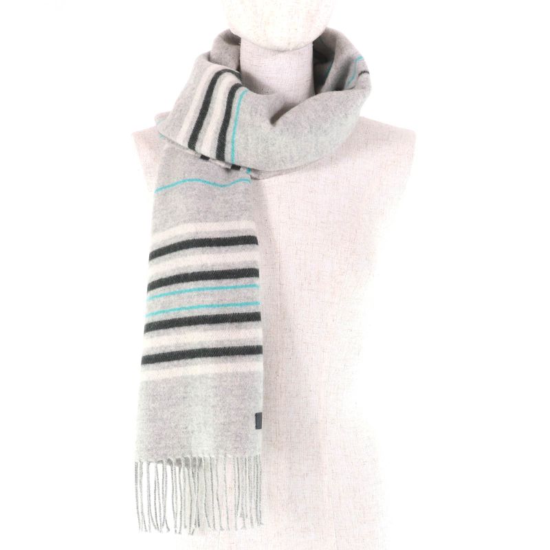 Hermes Neo Lo Cabasol 100% Cashmere Gris Chine Logo Leather Patch Fringe Scarf