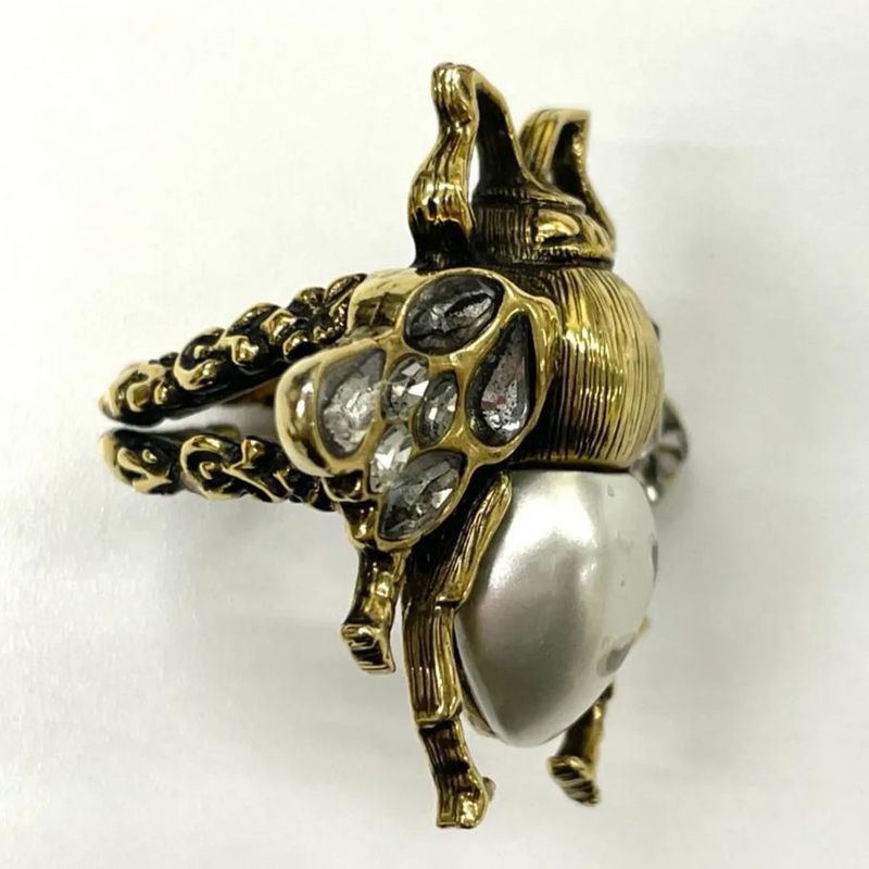 Gucci Bee Ring S (actual Size 12.5) GP X Rhinestone X Faux Pearl Gold Made In