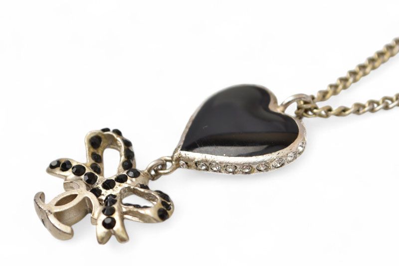 Chanel Necklace Pendant Chanel Coco CC Heart Ribbon Rhinestone Black Silver 05P
