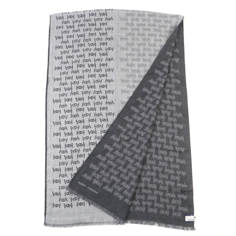 Hermes Mayon Rhythm Cashmere Silk Cendre/anthracit Fringed Large Shawl Scarf