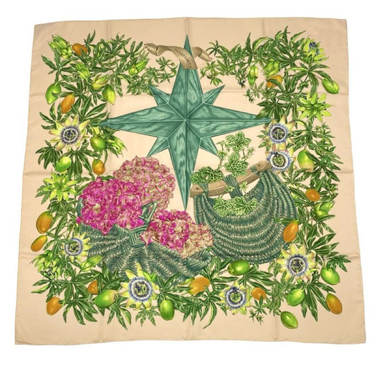 Hermes Carre 90 Passiflores Passion Flower Beige 100% Silk Scarf