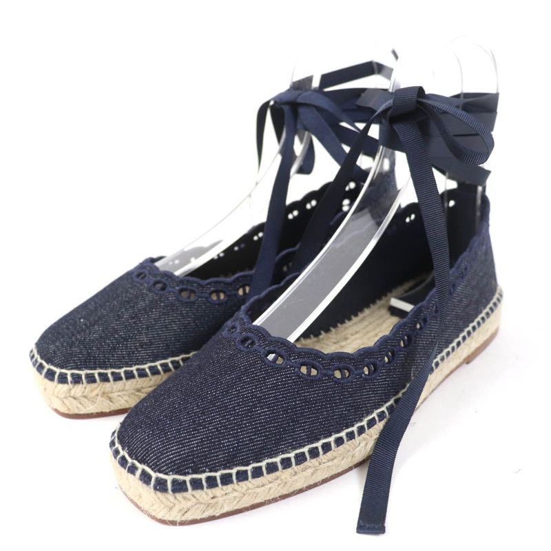 Hermes 231140z Chaine D'ancre Ankle Ribbon Denim Slip-on Indigo 37 With Box And