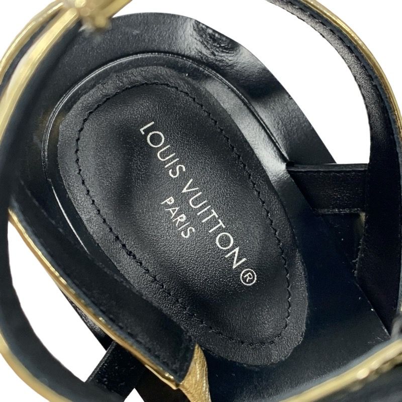 Louis Vuitton Peplum Line Monogram Sandals Shoes Patent Leather Black Gold