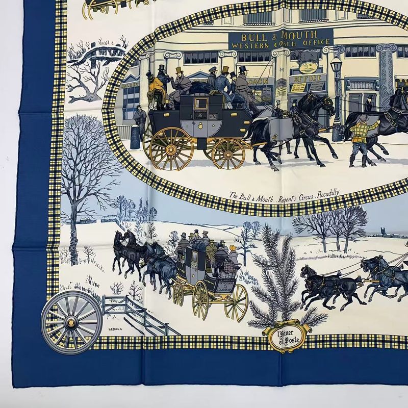 Hermes Carre 90 Postal Coach Lhiver EN Poste Scarf Silk Blue