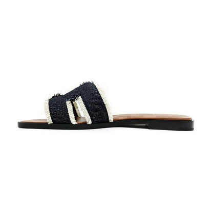 Hermes Oran Fringe BL Denim Navy-brown Size 36 Sandals Shoes Ladies