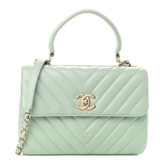 CHANEL Trendy Chevron Lambskin Quilted Dual Handle Flap Bag Mint Tote