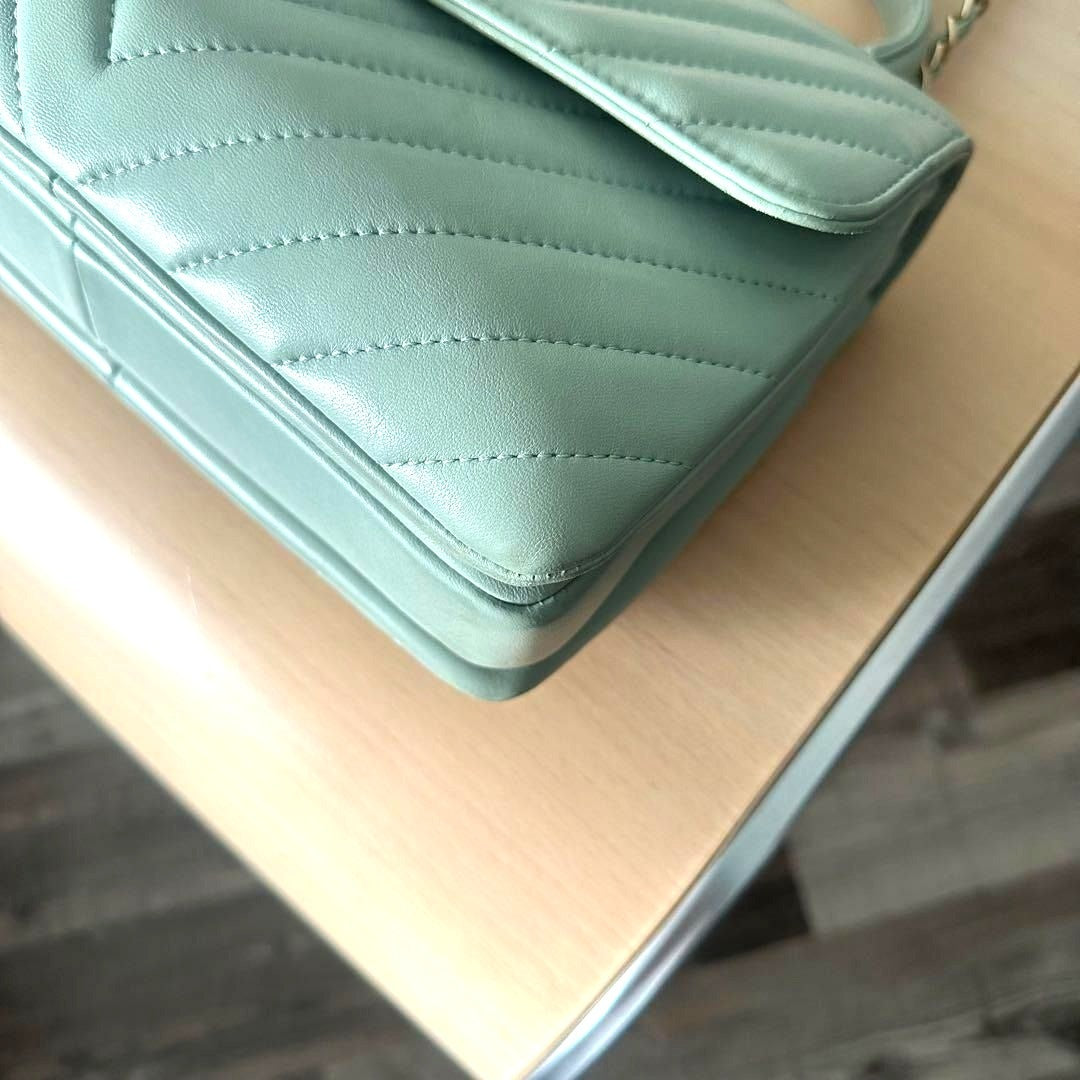 CHANEL Trendy Chevron Lambskin Quilted Dual Handle Flap Bag Mint Tote