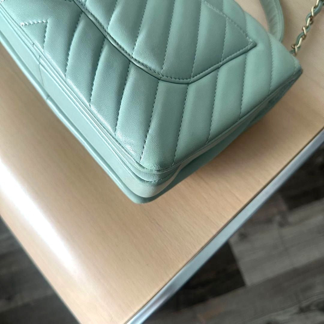 CHANEL Trendy Chevron Lambskin Quilted Dual Handle Flap Bag Mint Tote
