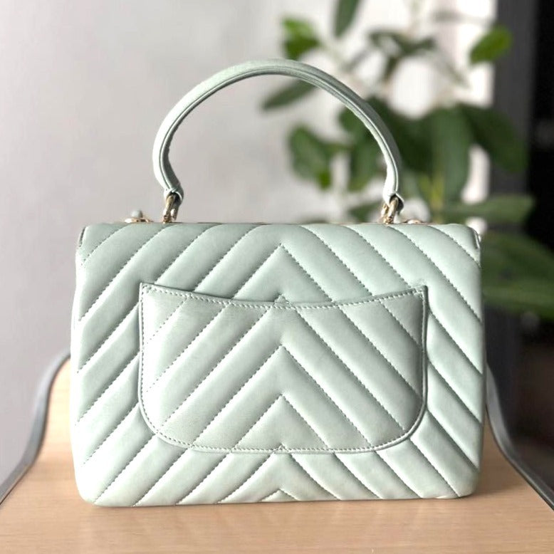 CHANEL Trendy Chevron Lambskin Quilted Dual Handle Flap Bag Mint Tote