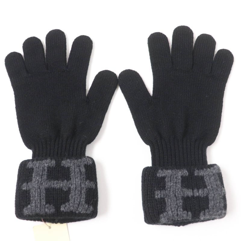 Hermes 100% Cashmere Margiela Period H Logo Knit Gloves Black SM Made In Italy