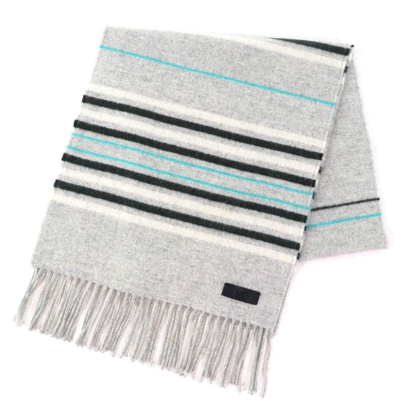 Hermes Neo Lo Cabasol 100% Cashmere Gris Chine Logo Leather Patch Fringe Scarf