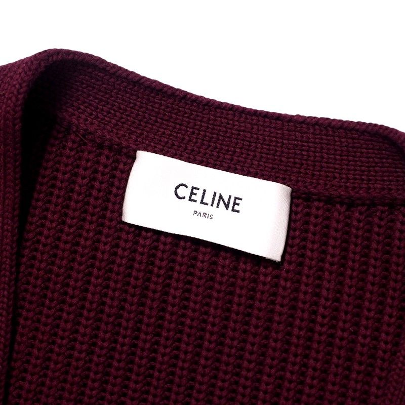 Celine Cardigan Size S (165 84A) Knit College Cardigan Logo Patch Cotton Wine