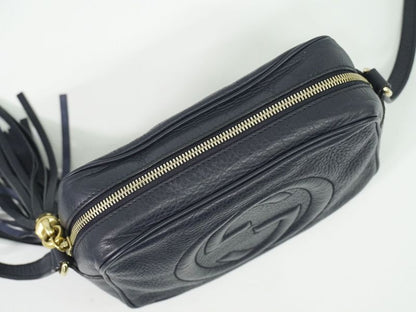 Authentic Gucci Soho Small Disco Tassel Shoulder Bag Pochette Leather Navy