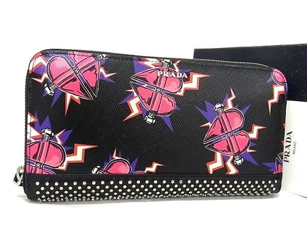 Prada Frankenhart Saffiano Leather Studded Round Zipper Long Wallet