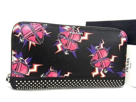 Prada Frankenhart Saffiano Leather Studded Round Zipper Long Wallet